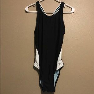Champion Performance One Piece Athletic Swimsuit Womens M (6-8) Black White Blue